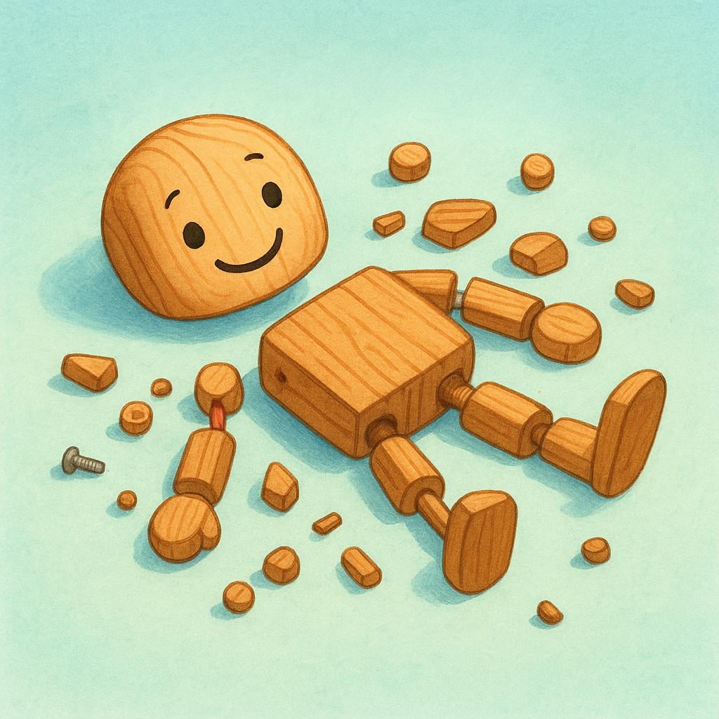 A small, colorful toy robot lying on the ground, completely broken into several pieces, illustrating the result of being destroyed.