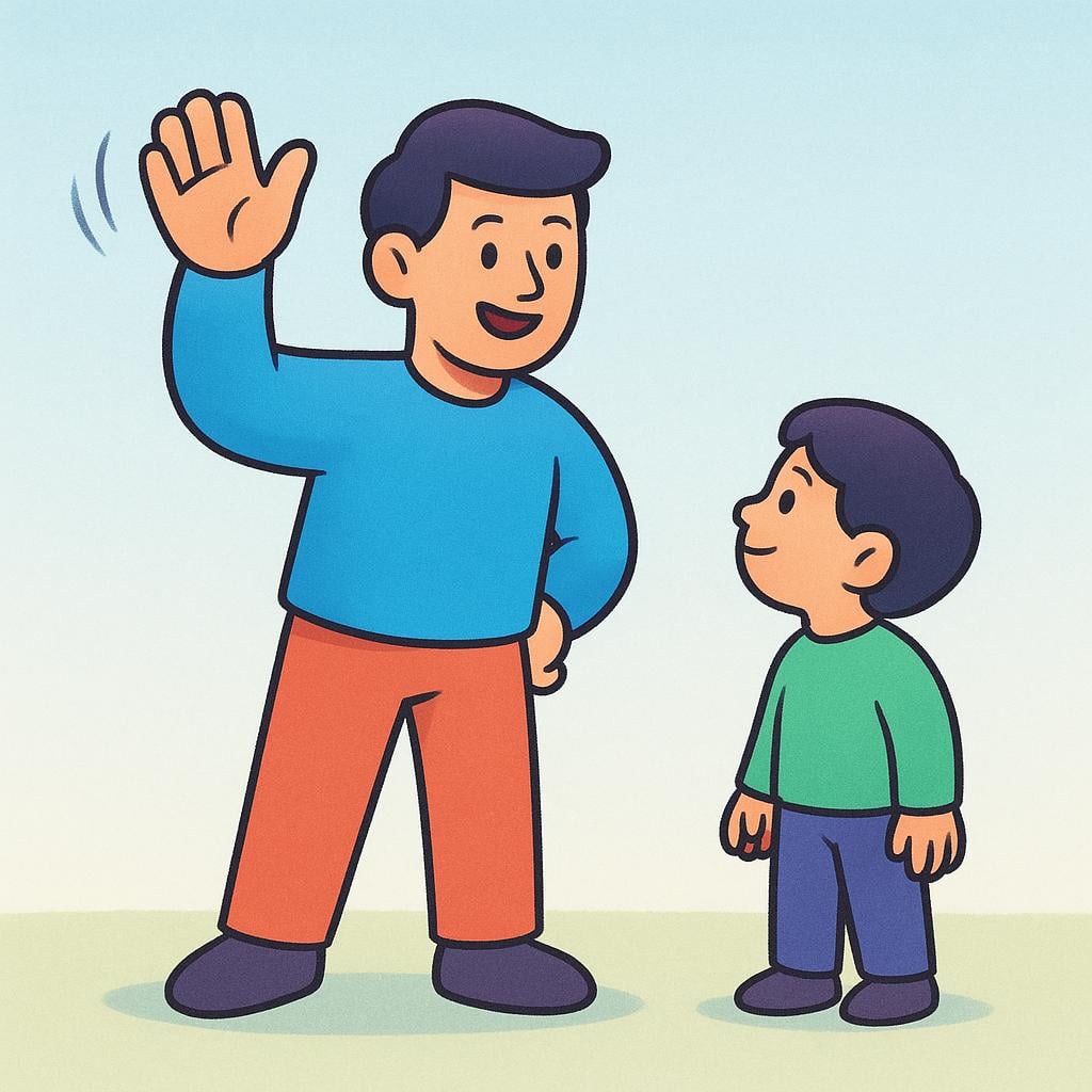 A single stylized figure actively raising one hand in an enthusiastic wave gesture toward a second, passive figure.