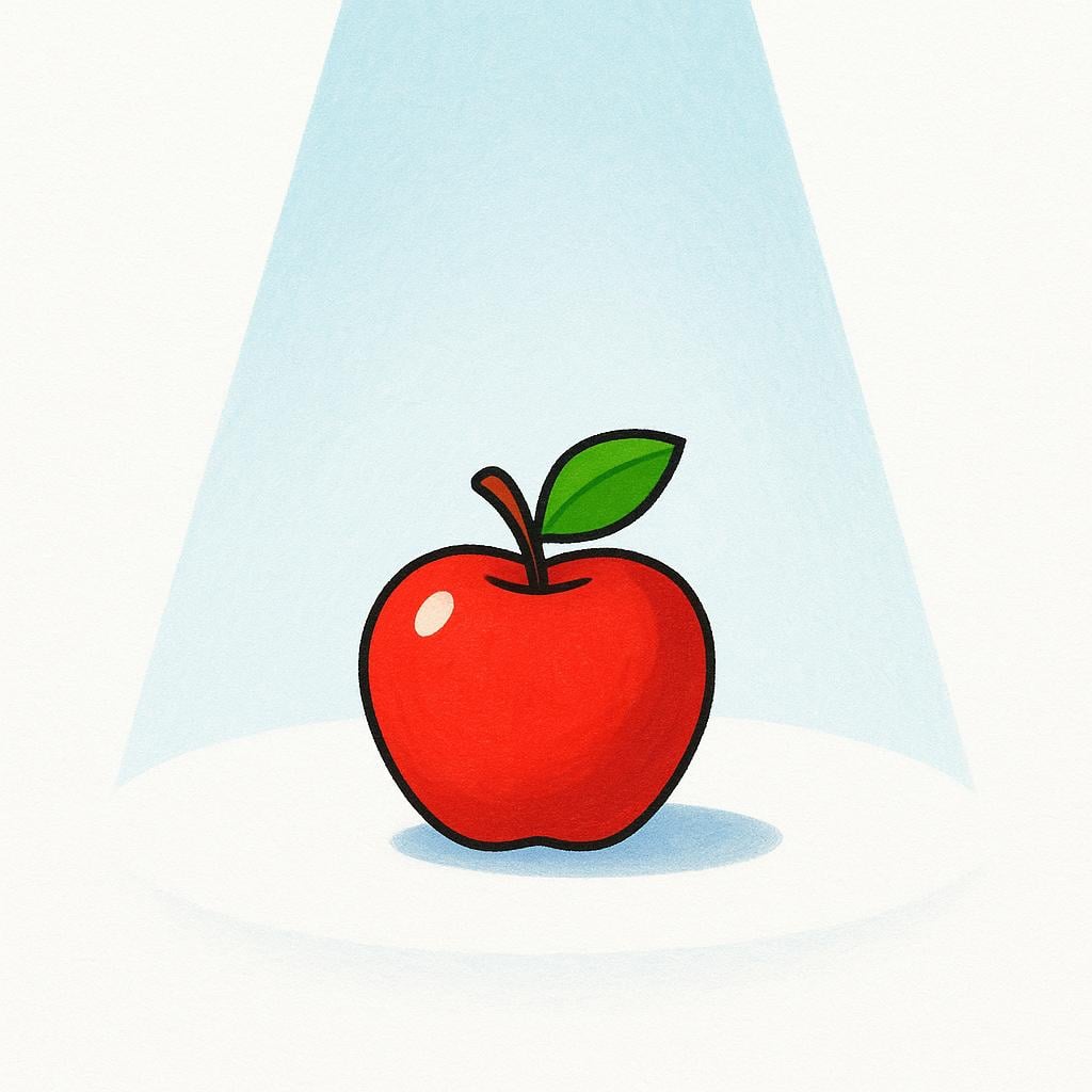 A single, bright red apple resting on a pristine white surface, sharply illuminated by a focused beam of light.