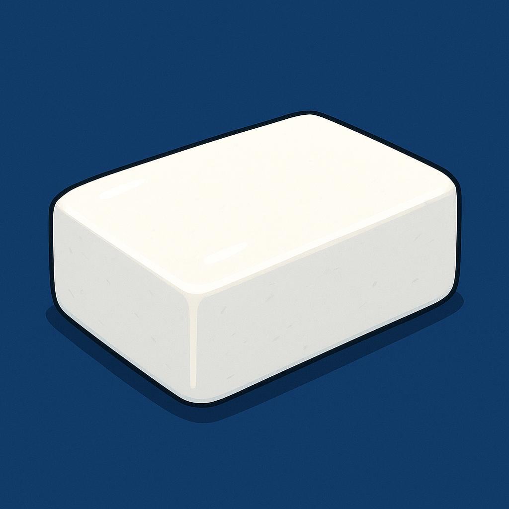 A simple depiction of a rectangular block of white, solid wax, representing spermaceti, resting on a dark surface.