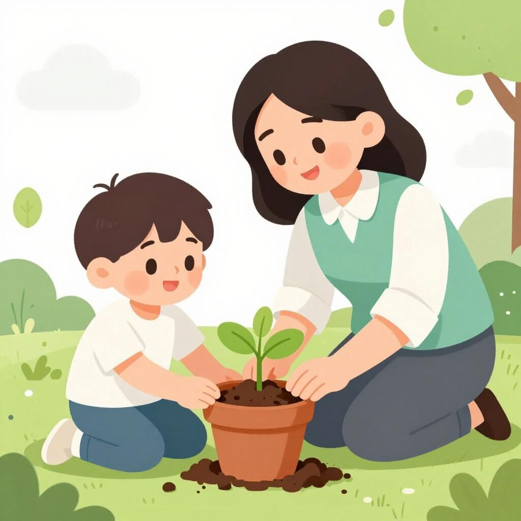 An older teacher showing a child how to plant a small seedling in a pot.