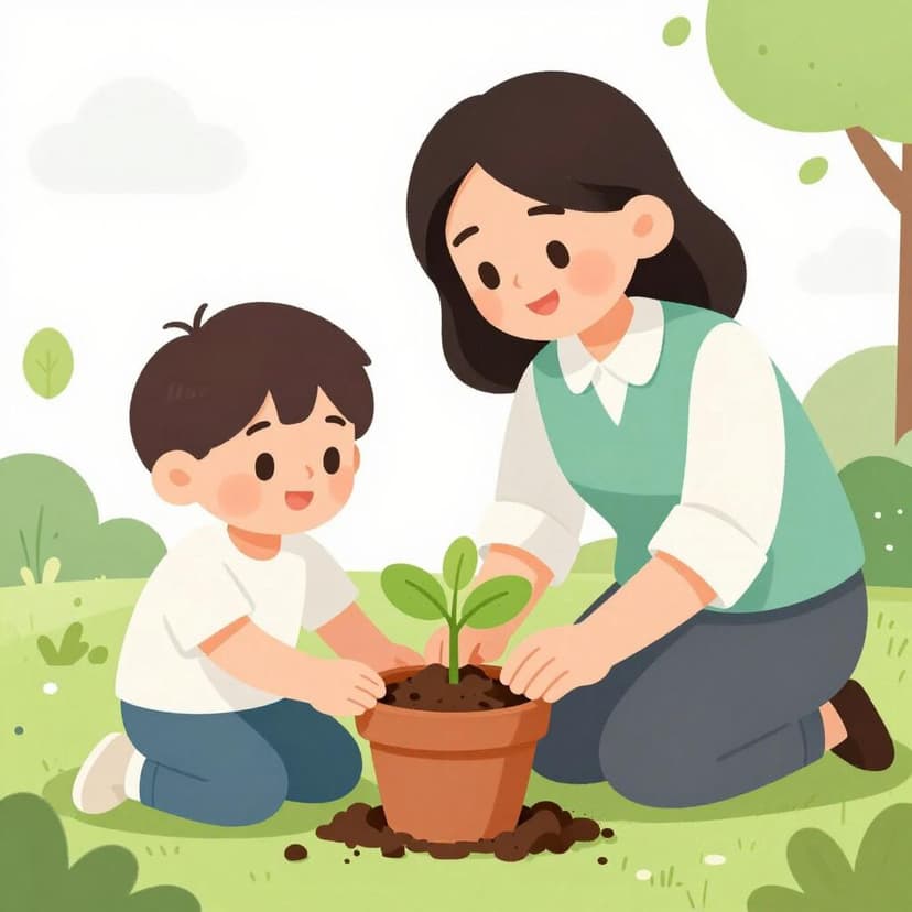 An older teacher showing a child how to plant a small seedling in a pot.