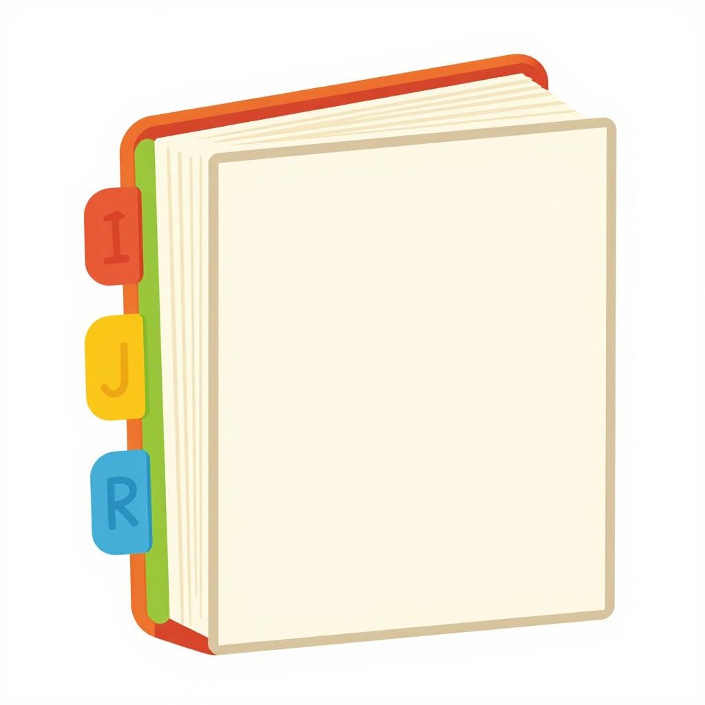 Um livro físico grosso com abas alfabéticas na lateral.