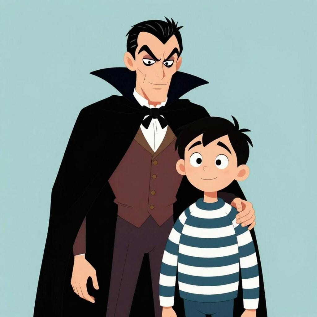 Een illustratie met twee klassieke verhaalantagonisten: een met een zwarte cape en een ander die er slinks uitziet, wat de slechteriken voorstelt.