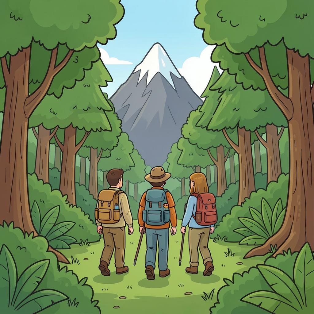 A group of explorers with backpacks hiking through a lush green jungle towards a distant mountain.