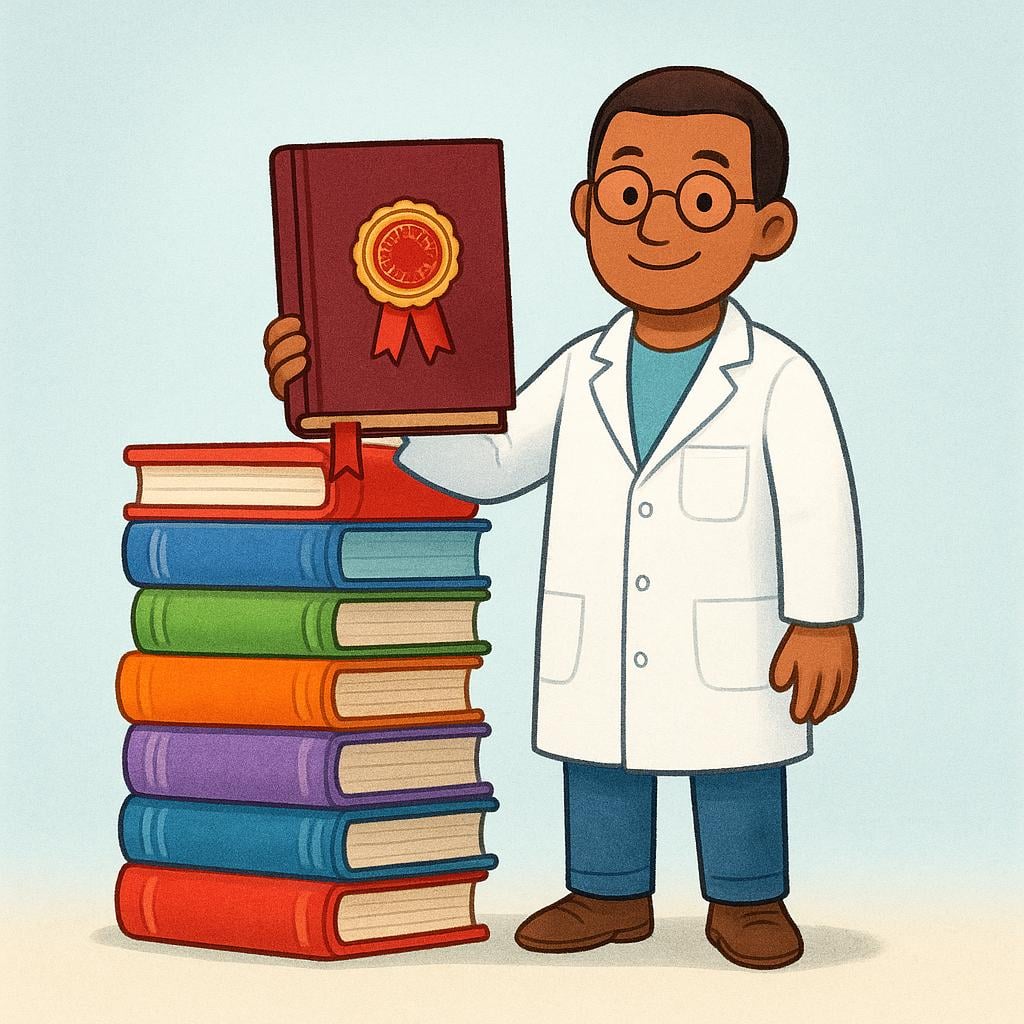A smiling scientist in a lab coat standing next to a stack of books, proudly holding up a thick, officially bound research paper or report, representing the final document of findings.