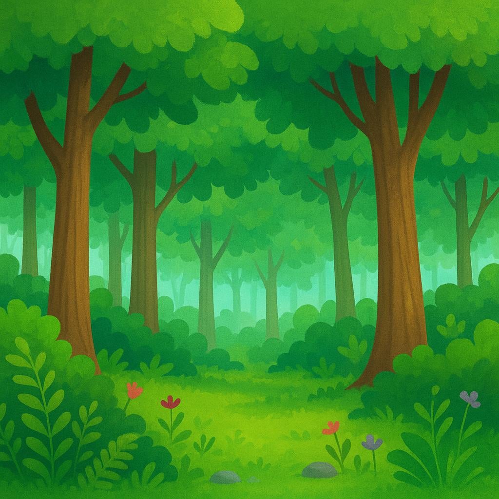 A vibrant illustration showing a dense woodland area with many tall trees and thick green foliage.