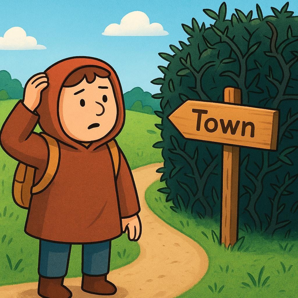 A colorful illustration of a traveler standing at a fork in the road, looking confusedly at a signpost that indicates an incorrect direction towards an impassable obstacle.