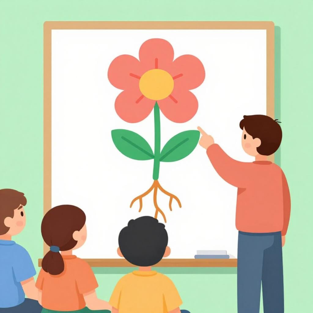 A teacher pointing to a large, clear drawing of a plant to show its parts.