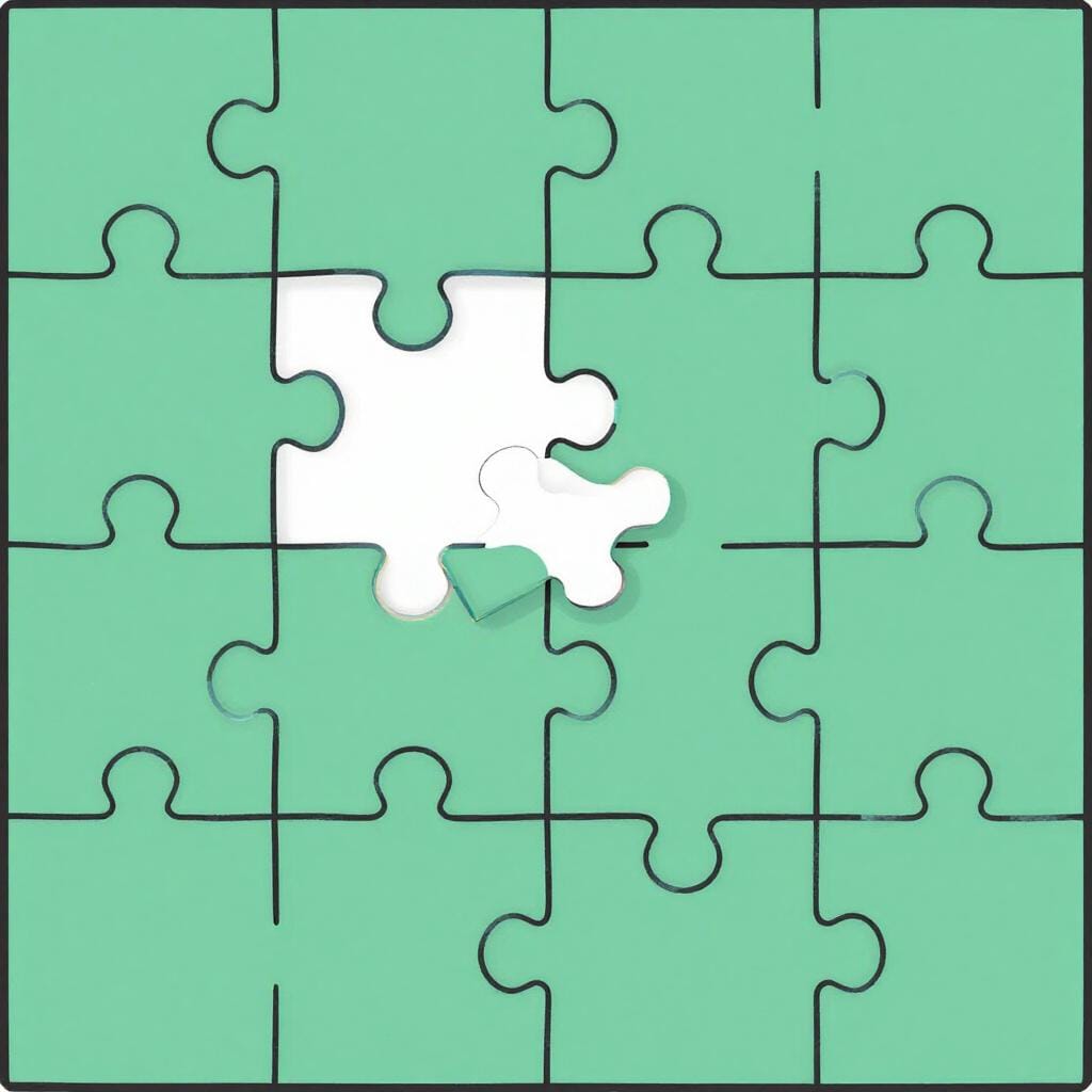 A colorful jigsaw puzzle of a landscape with one piece missing in the center.