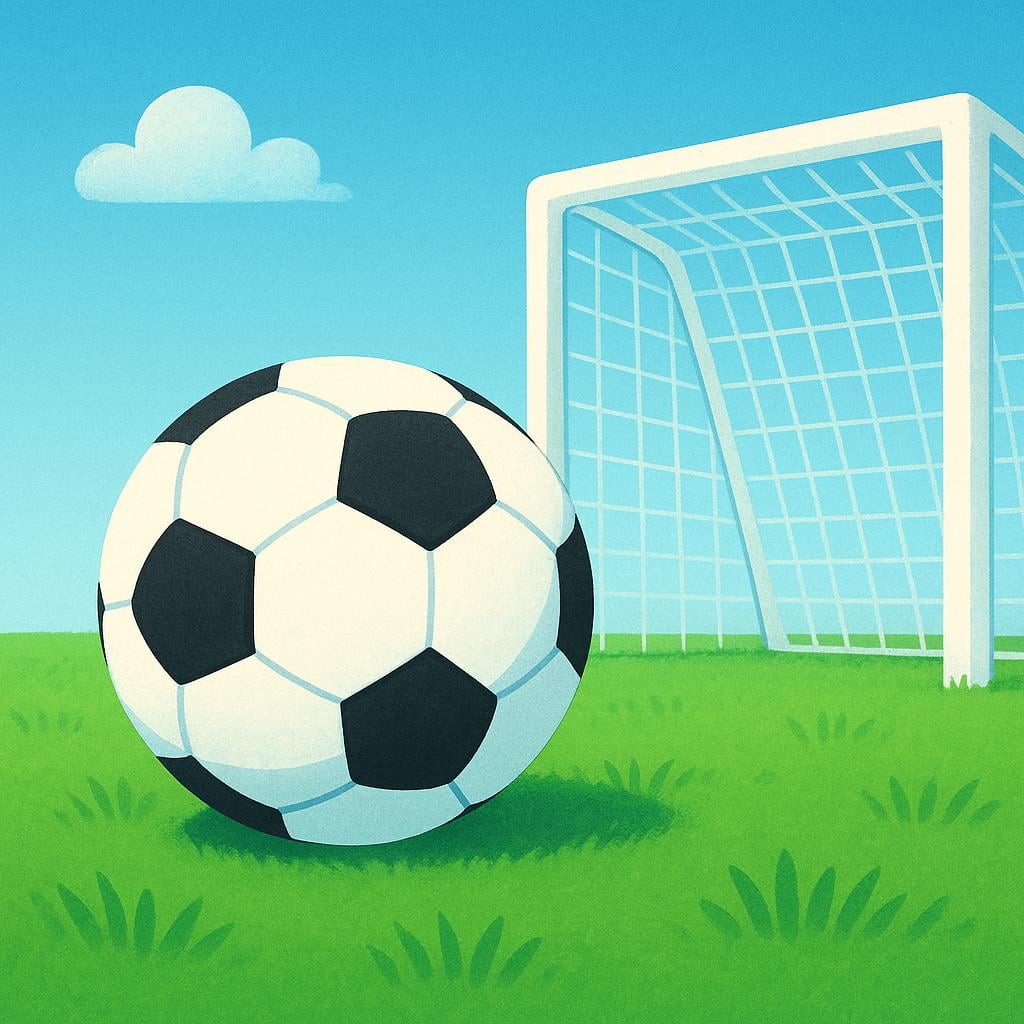 A soccer ball sitting still on a bright green field next to a portion of a white goalpost, indicating the game has been completed.