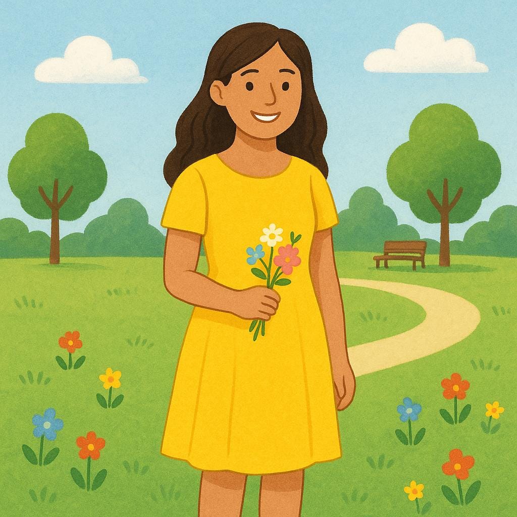 A high quality simple colorful storybook illustration of a smiling young woman with long dark hair wearing a bright yellow dress, standing in a sunny park.
