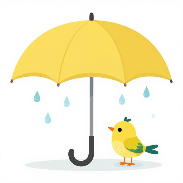 雨から小さな鳥を守るために、傘が大きくカラフルに広げられている様子。