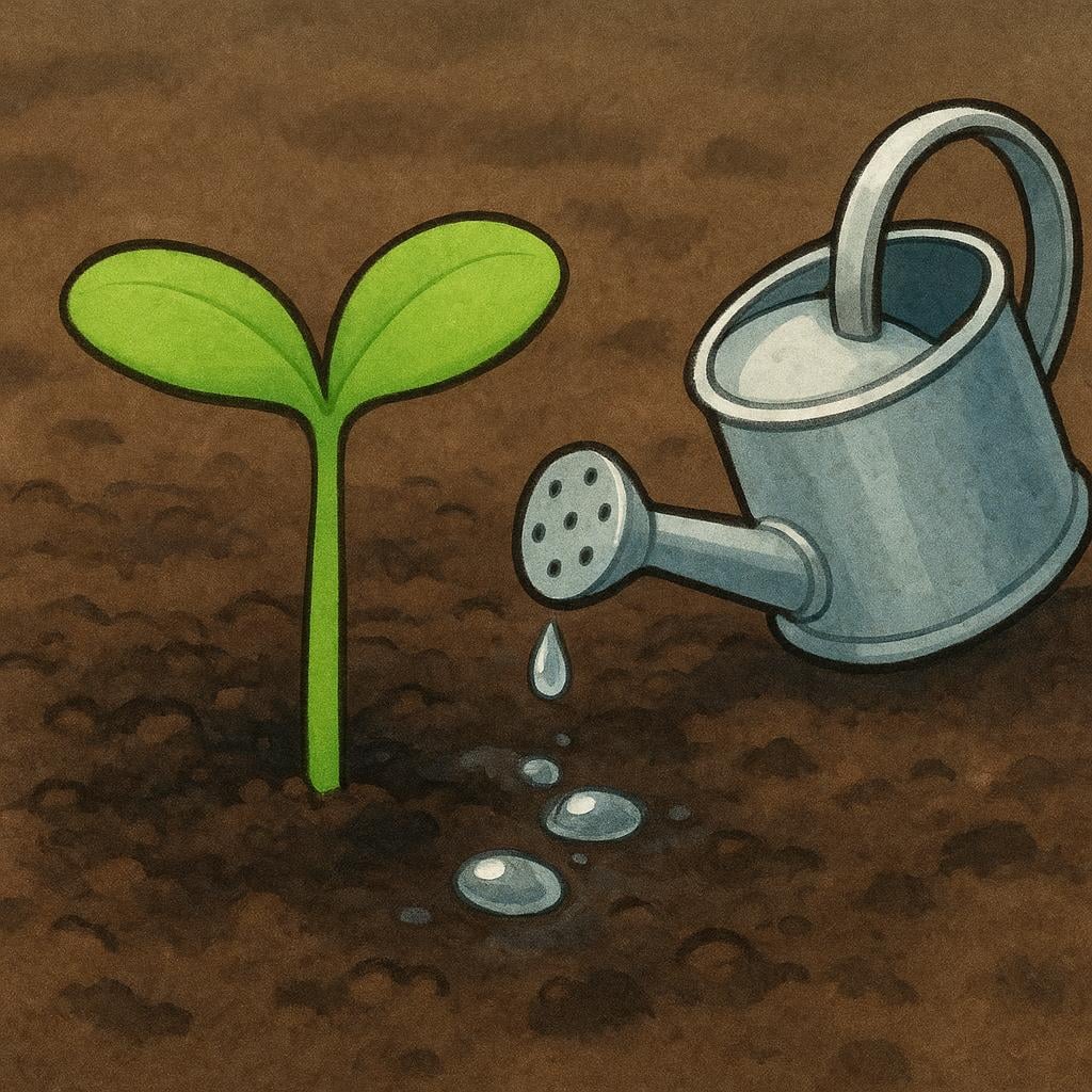 A close-up view of a recently watered, small bright green seedling growing in dark soil, next to a miniature watering can.