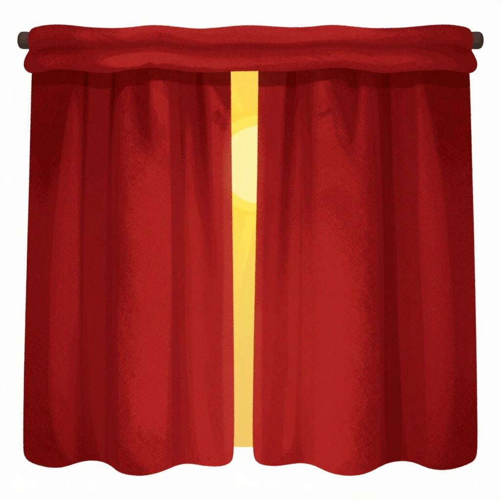 Una tenda rossa del teatro leggermente socchiusa per rivelare un piccolo scorcio di un colorato allestimento scenico dietro di essa.