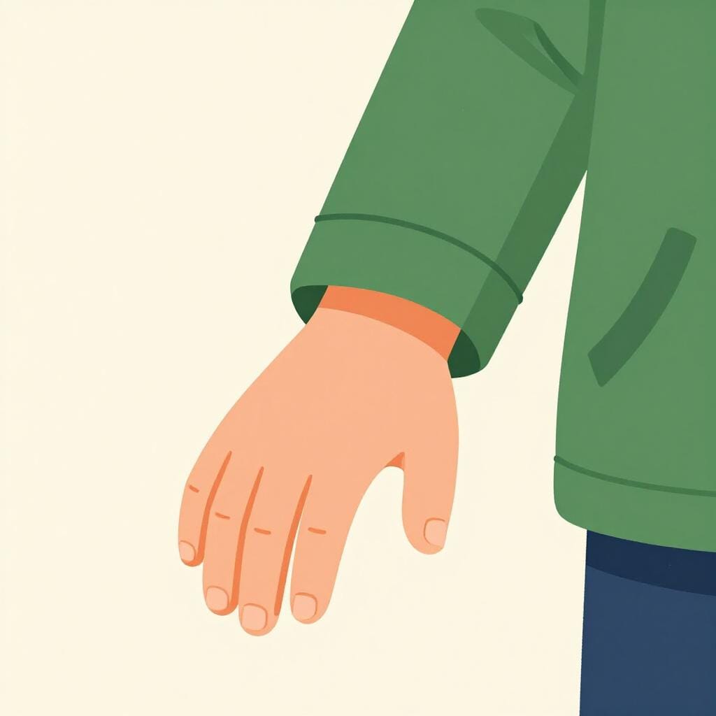 もう一人の人物のジャケットの袖をしっかりと掴んでいる手。