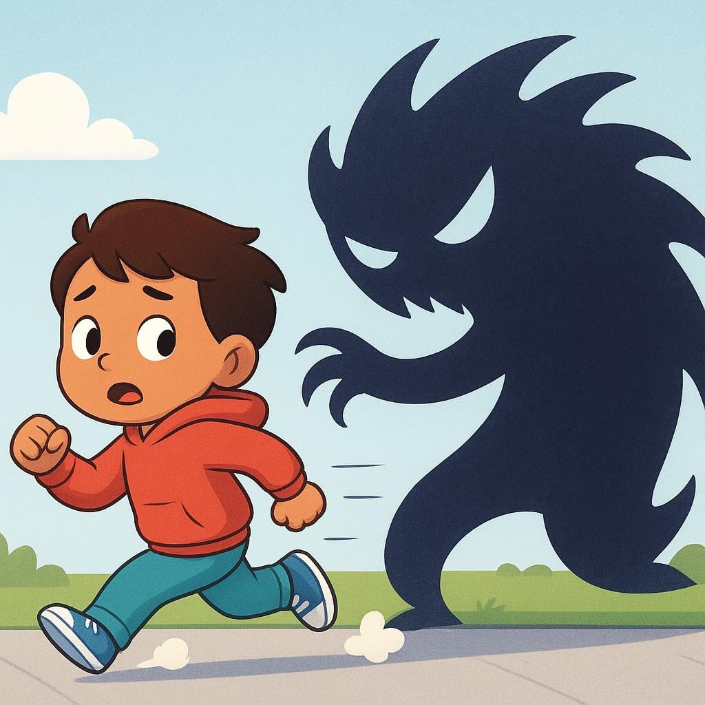 A small cartoon child running quickly across a vibrant green field, looking back fearfully at a large, indistinct dark shadow that is chasing them.