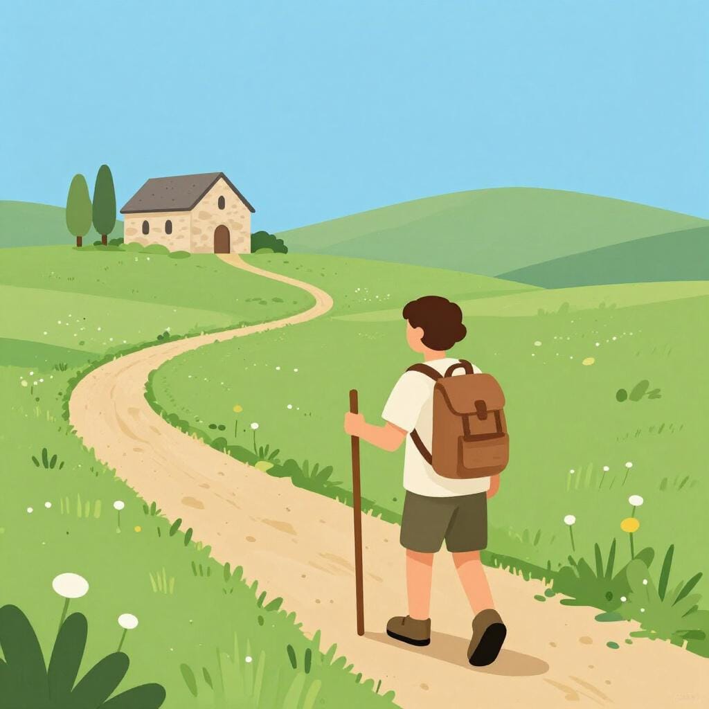A traveler wearing a simple cloak and carrying a wooden walking staff, walking along a winding path toward a distant cathedral.