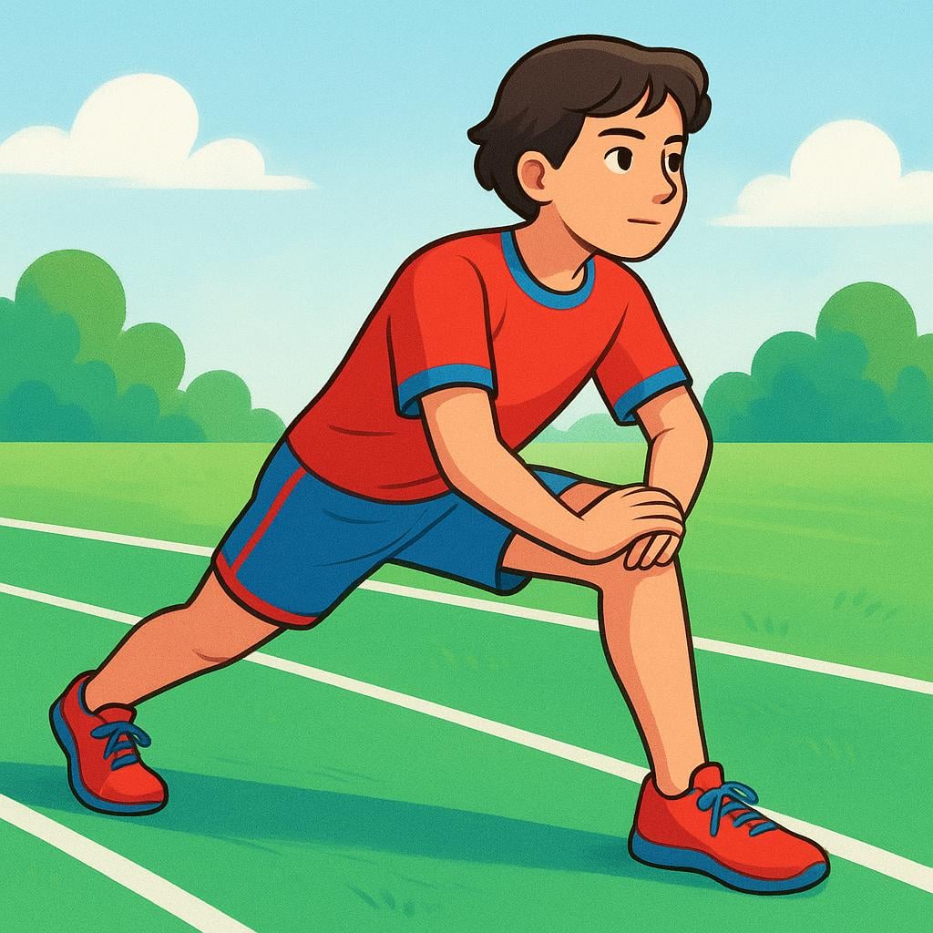 A determined young person in athletic clothes standing at the starting line of a running track, ready to begin a race or exercise session, symbolizing a future action.