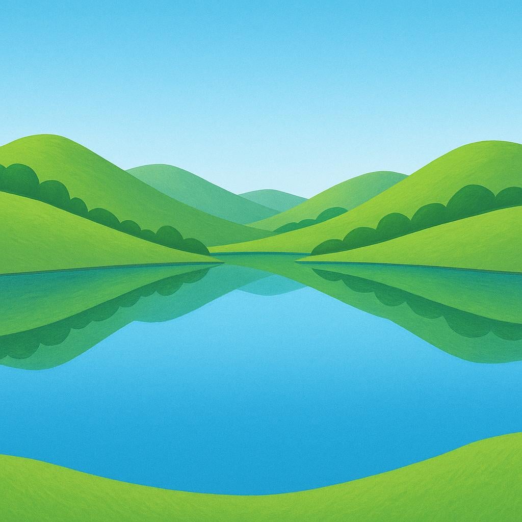 A perfectly still, glassy blue lake surrounded by gentle green hills under a clear sky, symbolizing serenity.
