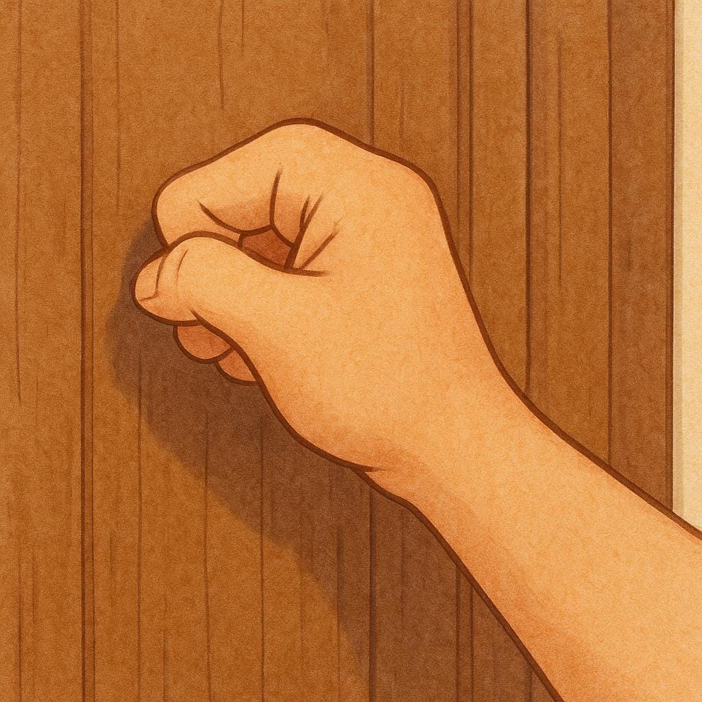 A close-up view of a human hand rapping knuckles against a simple brown wooden door, illustrating the action of knocking.
