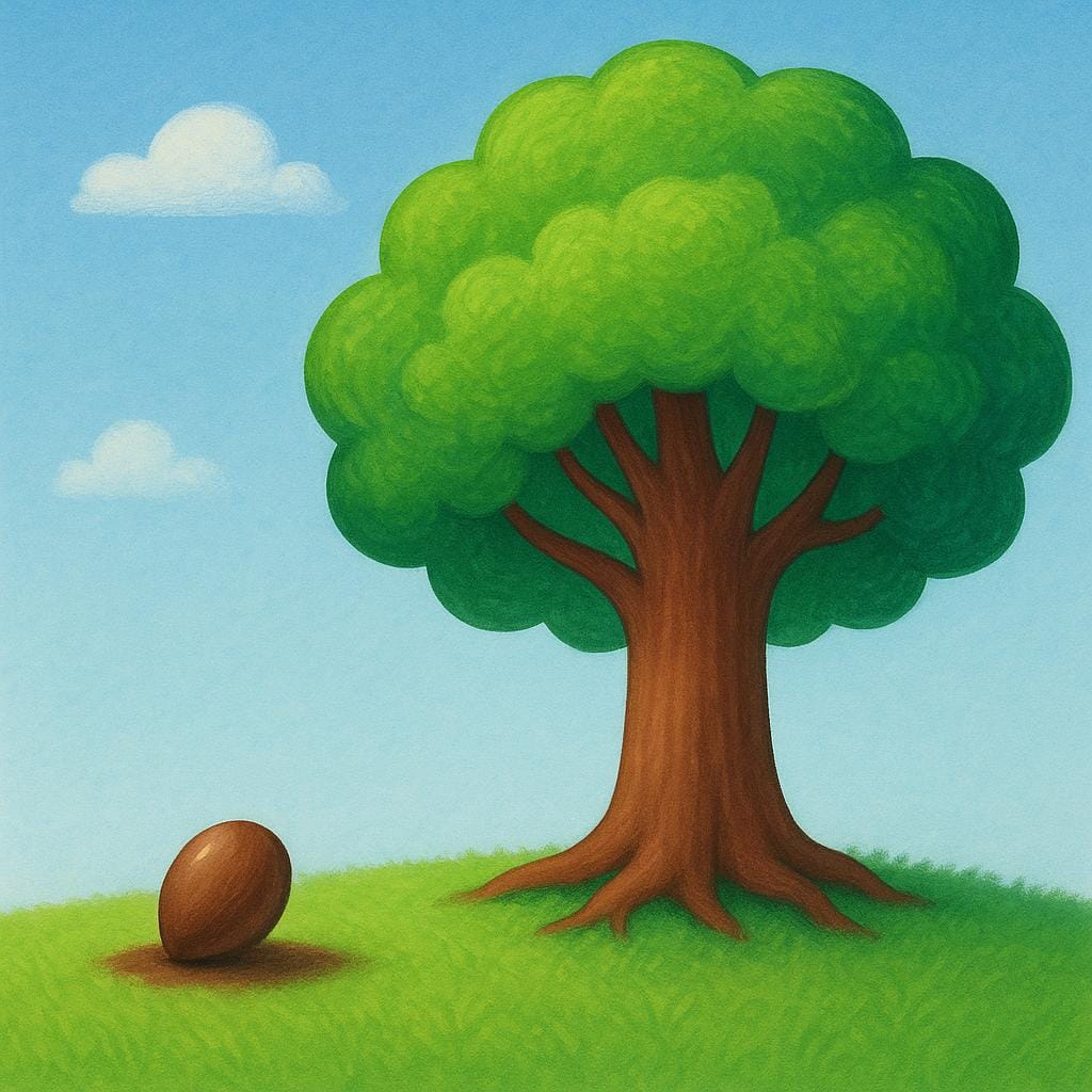 A tiny brown seed lying on the ground next to a massive, brightly colored green tree that grew from it, illustrating cause and effect.