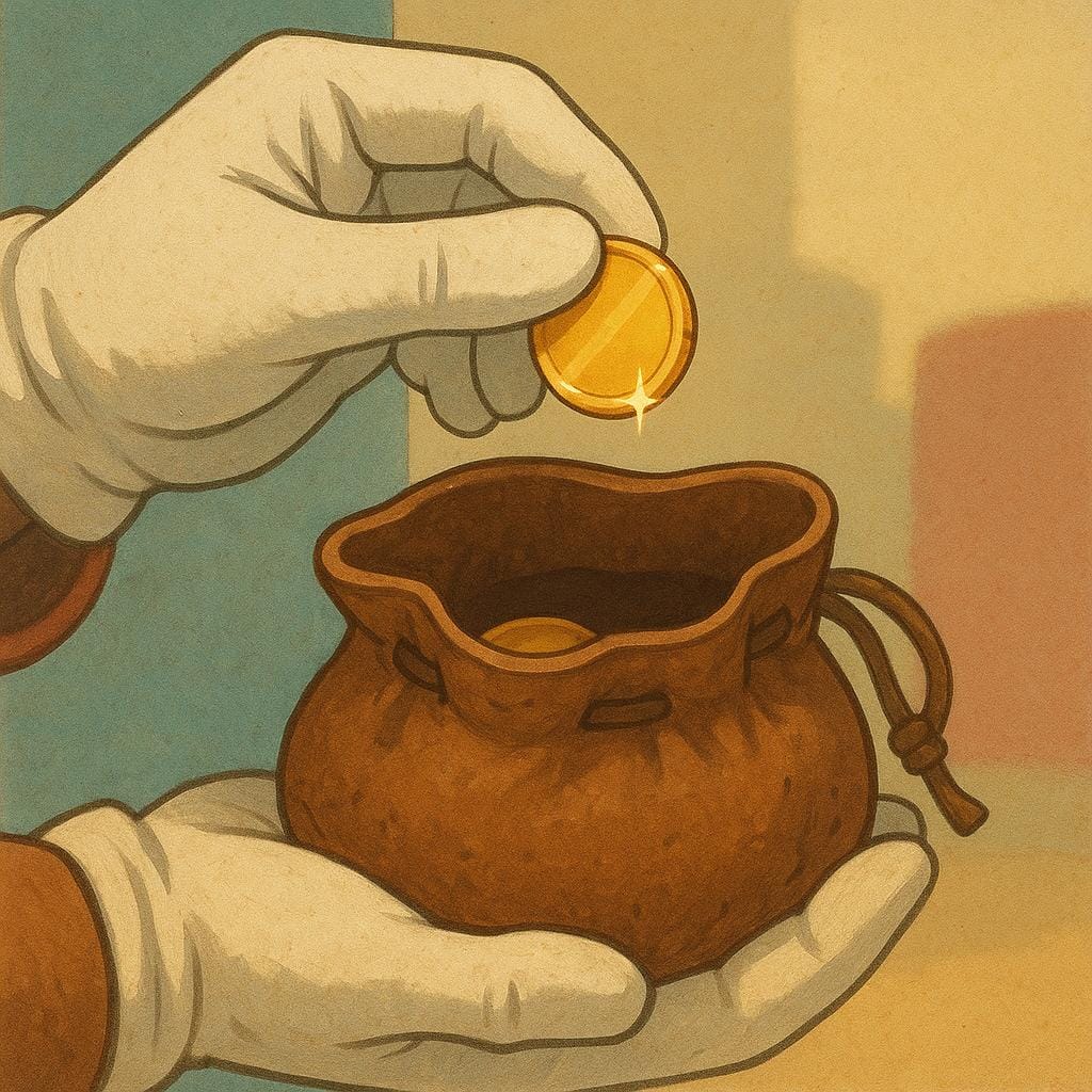 Una persona che indossa abiti semplici mette con cura una singola moneta in una piccola borsa di pelle consunta, illustrando la lotta finanziaria.