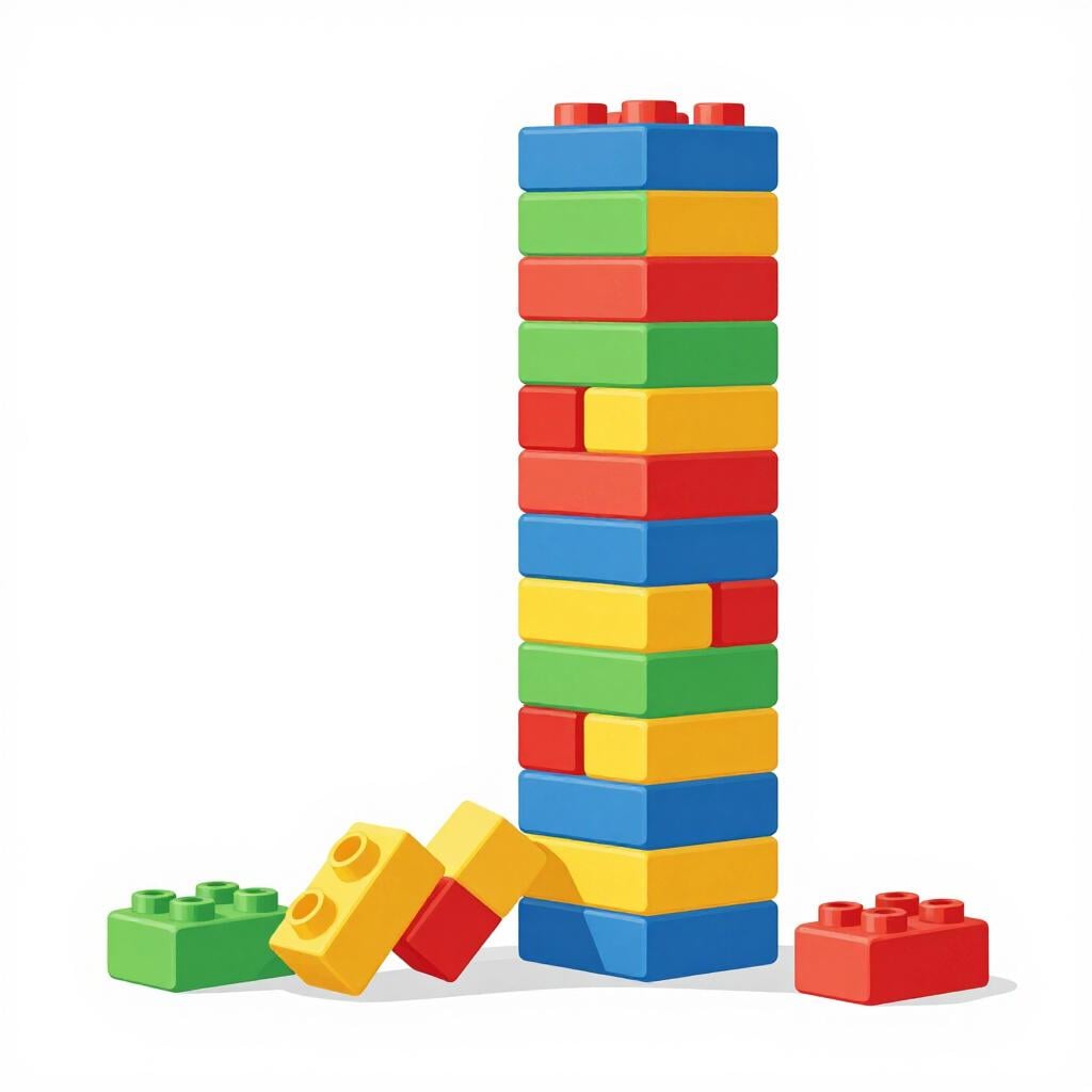 Een stapel kleurrijke speelgoedblokken die in verschillende richtingen omvallen.