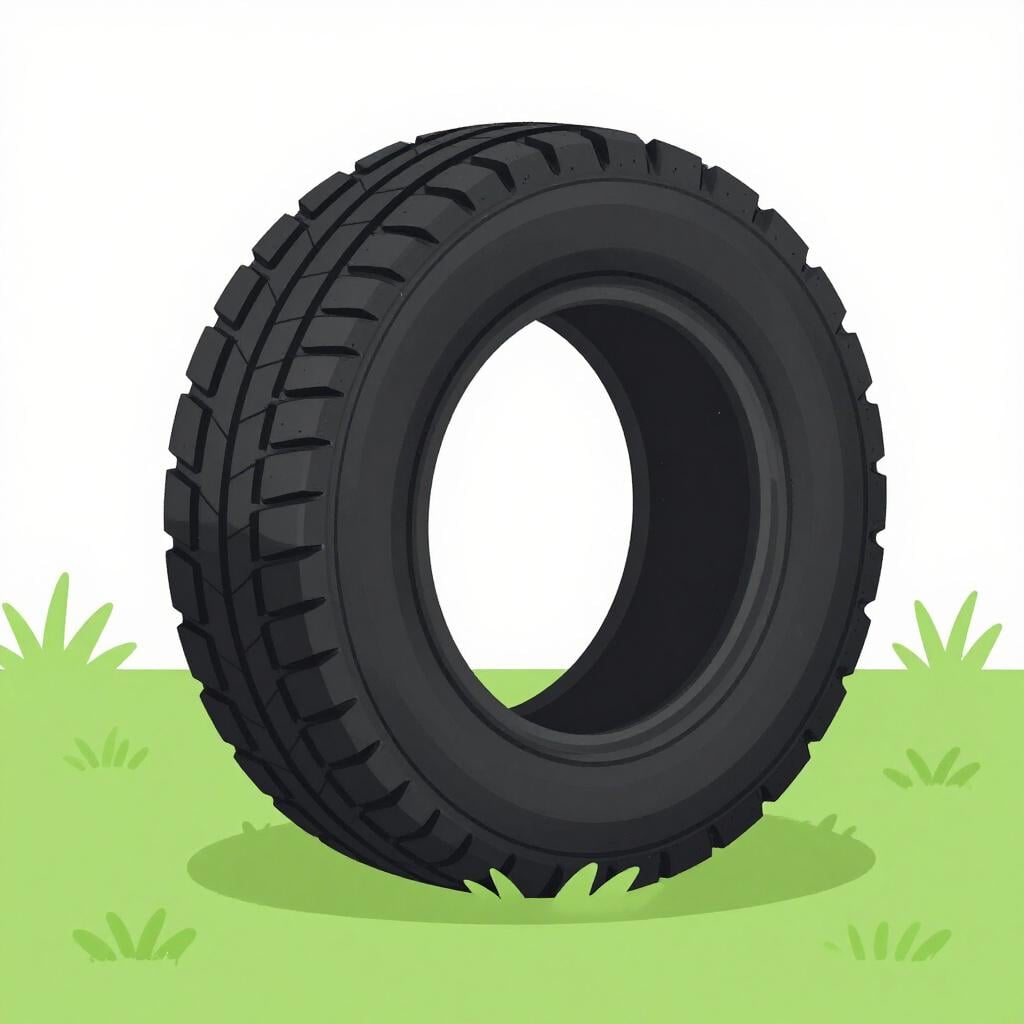 A black rubber tire with thick treads standing upright on green grass.