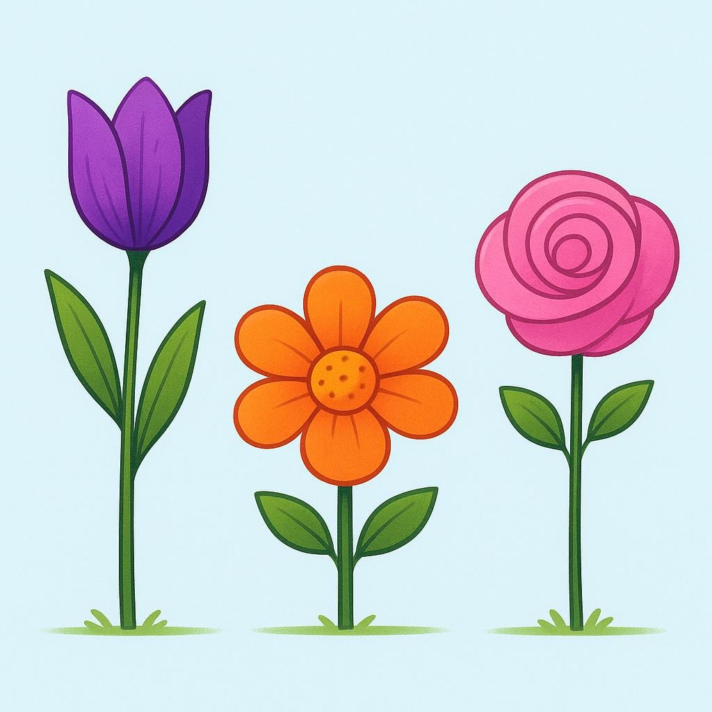 A simple illustration showing three distinct, brightly colored flowers lined up on a green field. The flowers are completely different in shape, size, and color, symbolizing that each is unique.