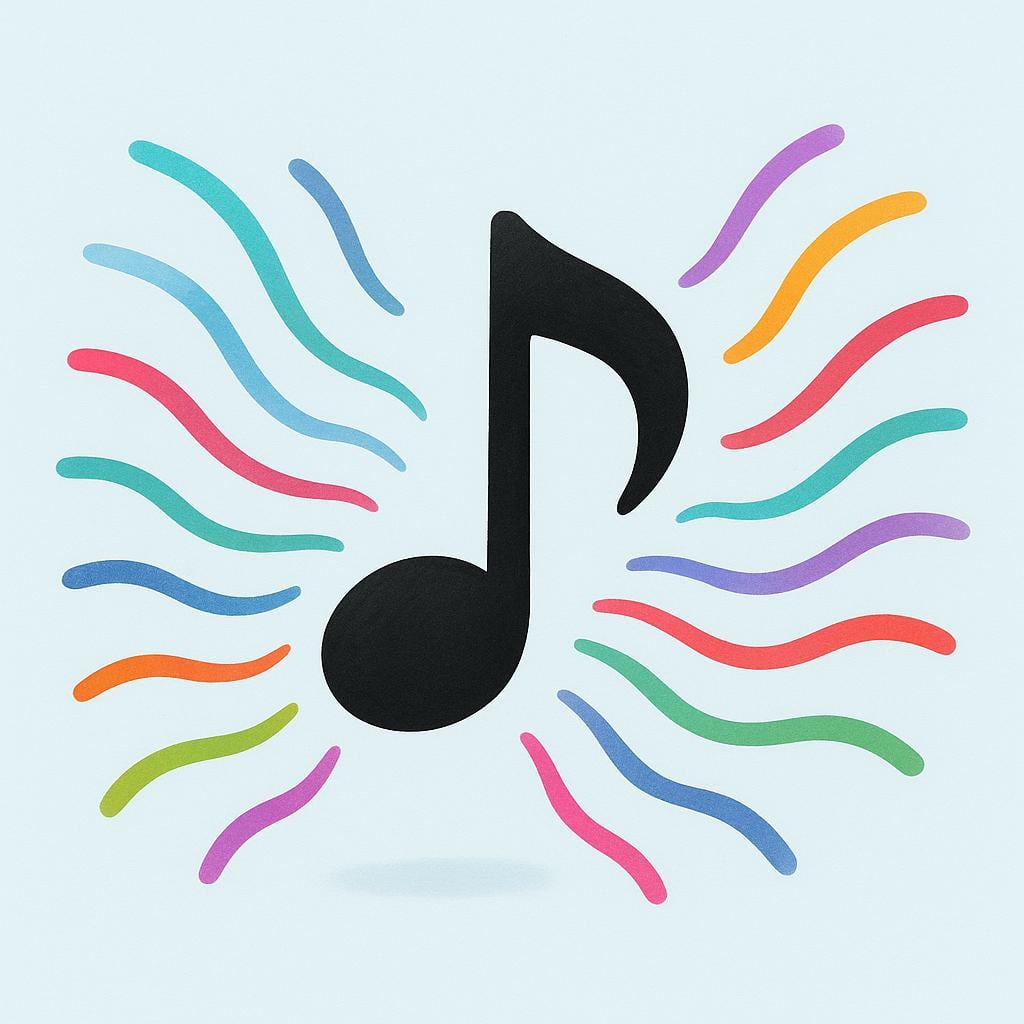 A single, large, stylized musical eighth note floating, with colorful, wavy lines radiating outward, representing sound.