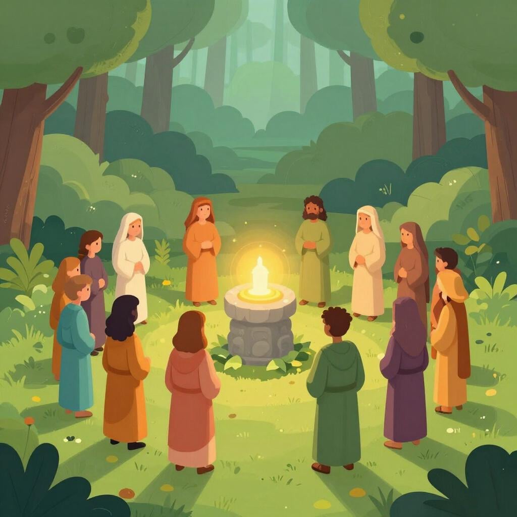 A group of robed figures standing in a circle around a glowing stone altar in a forest.