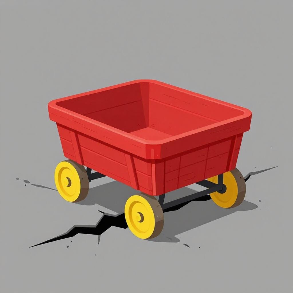A simple illustration of a small wooden wagon with one wheel wedged deep in a crack in the pavement.