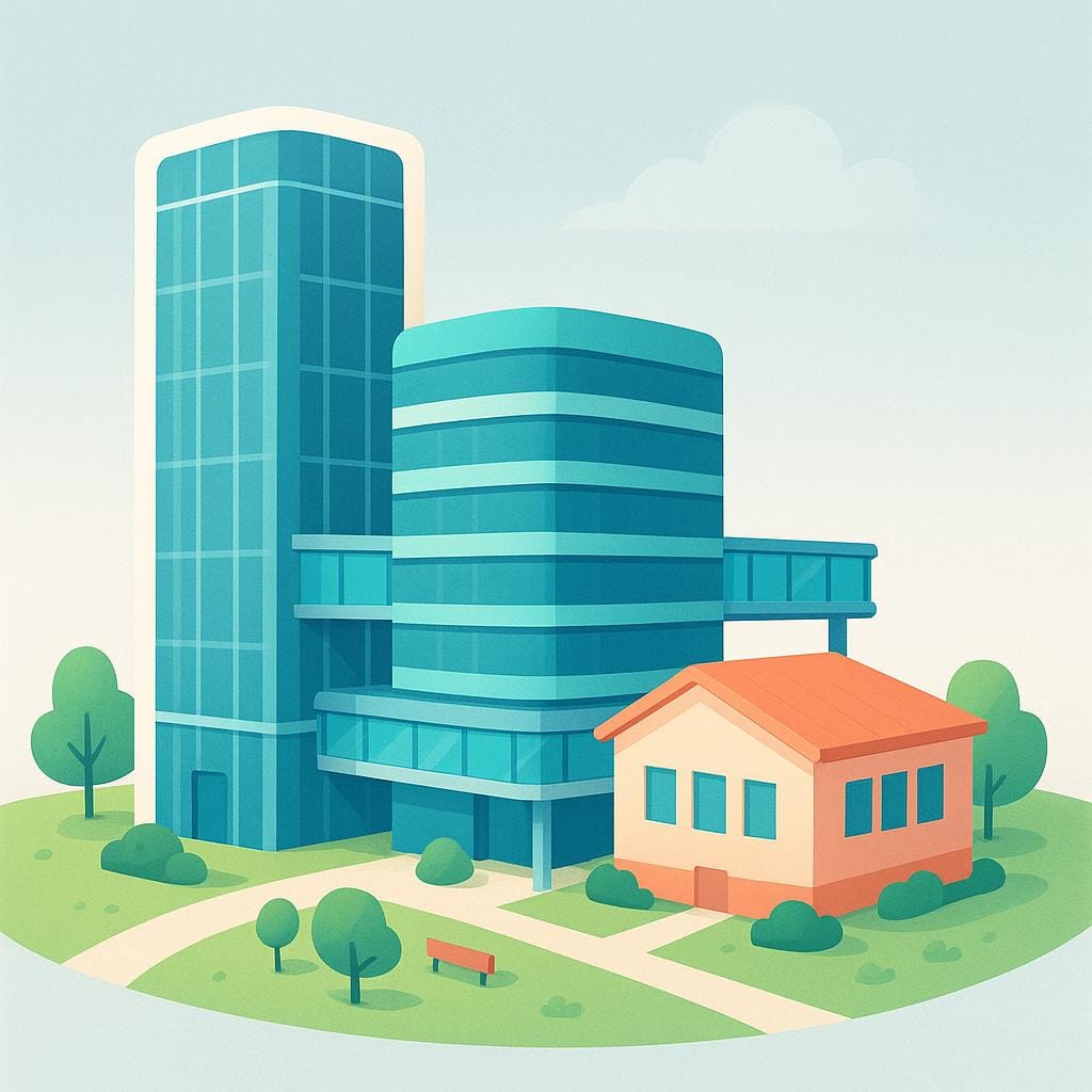 An illustration of three connected, modern buildings standing close together on a grassy field, forming an architectural complex.