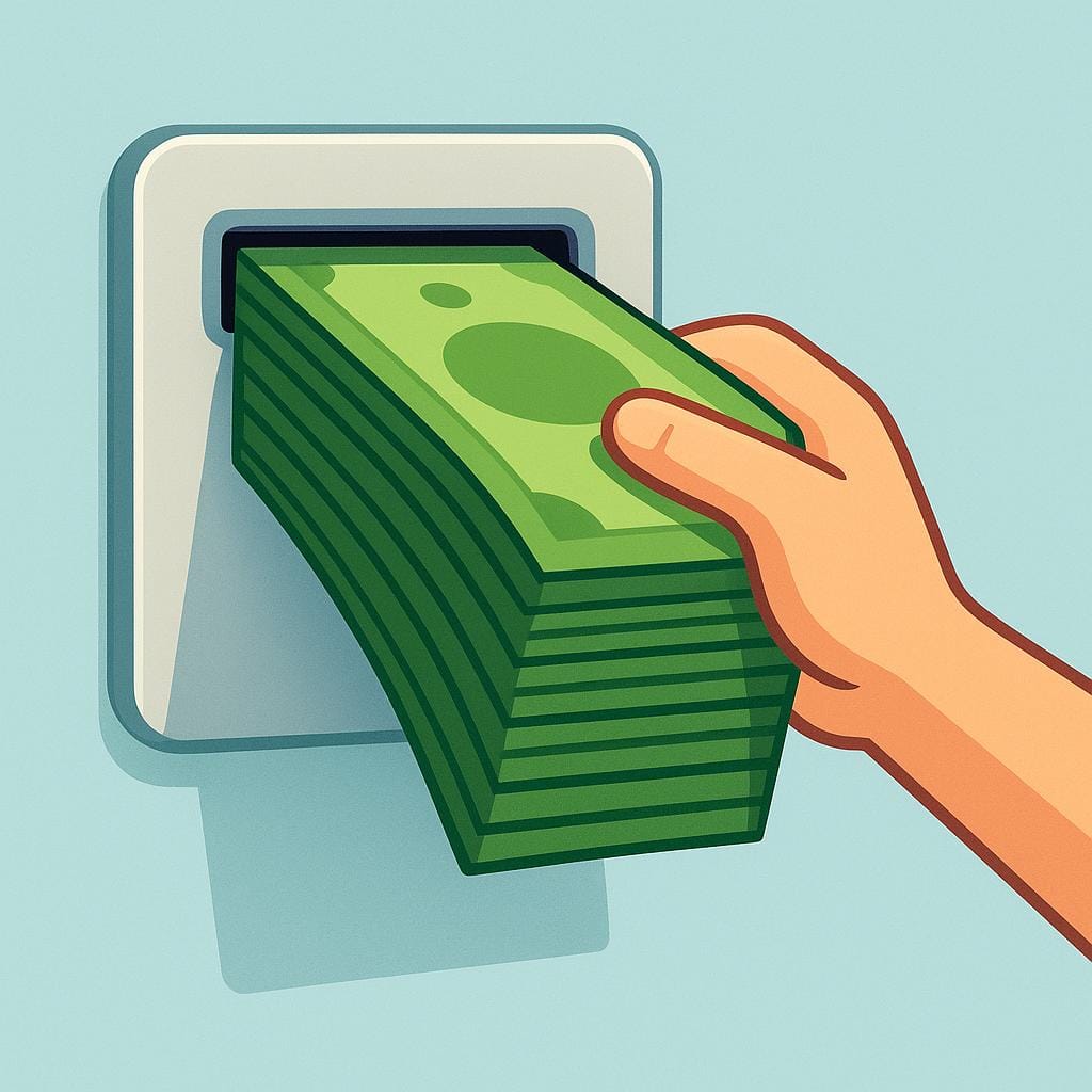 A colorful storybook illustration showing a hand pulling a stack of green currency bills out of a small, stylized bank withdrawal slot.