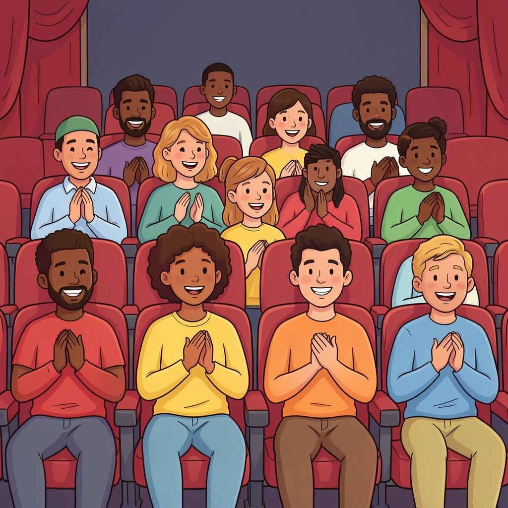 A group of people sitting in rows of red seats, looking forward and clapping their hands.