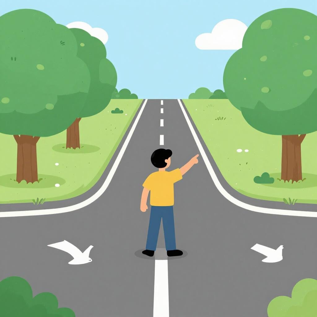 A person standing at a fork in a forest path, pointing confidently and decisively down one path, indicating they have made a firm choice.