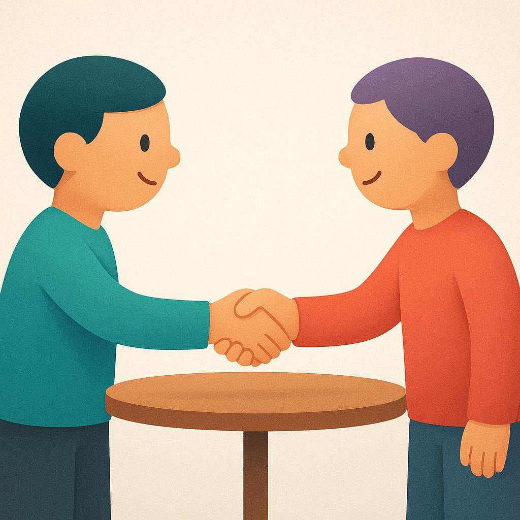 Two simplified figures shaking hands firmly across a small, empty table, symbolizing the resolution of a dispute.