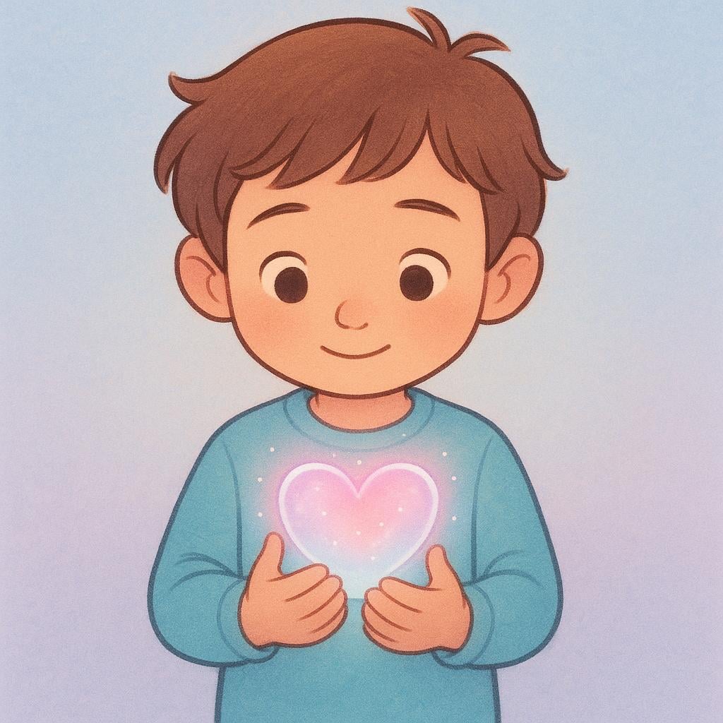 A drawing of a child holding a small, glowing, ethereal heart securely against their chest with both hands, symbolizing the act of keeping something safe.