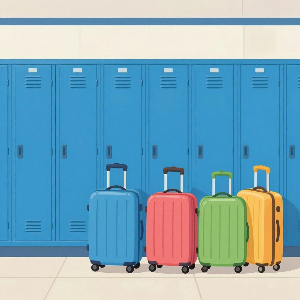 A row of secure metal lockers in a clean station hallway with several suitcases sitting nearby.