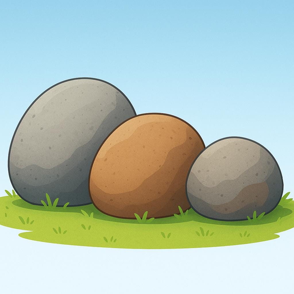 A storybook illustration showing three large, rugged gray and brown boulders sitting on a patch of bright green grass under a blue sky.