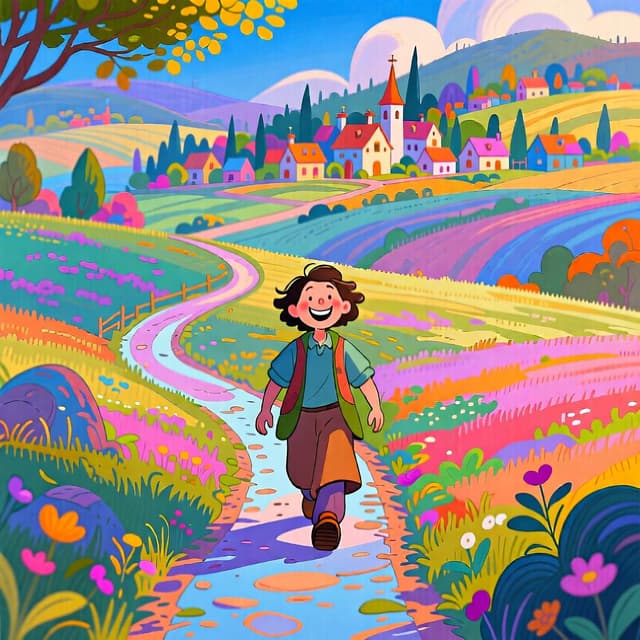 Un jeune adulte marchant sur un chemin ensoleillé vers le spectateur, indiquant un mouvement vers celui qui parle.