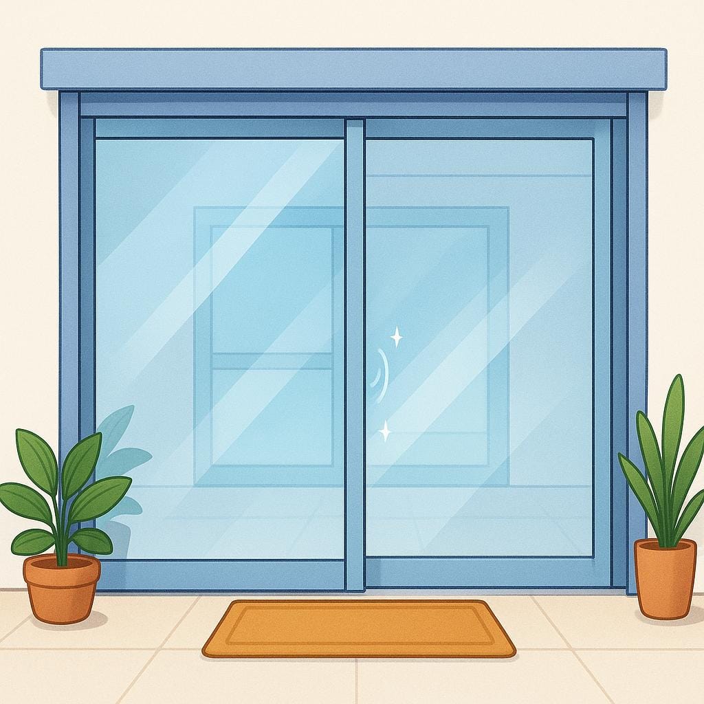A large glass door is opening smoothly by itself, showing an empty doorway.