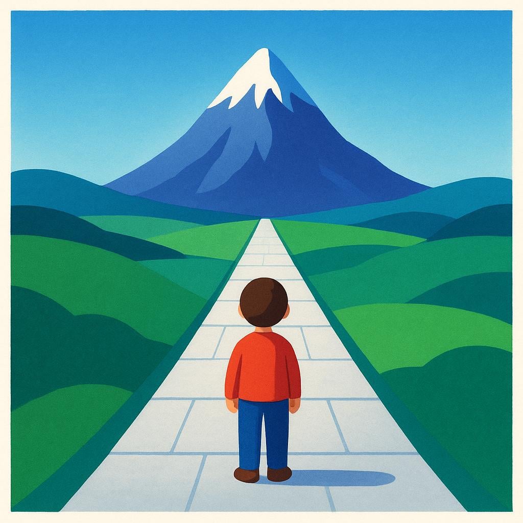 A young person standing at the start of a clear, straight, illuminated paved path that stretches far into the distance towards a massive, distinct mountain peak.