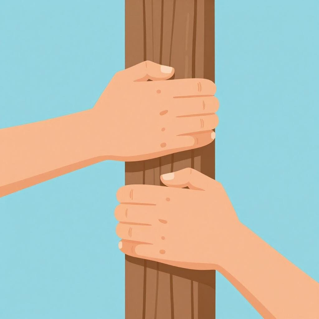 二人がかりで一本の頑丈な木の柱を支え、さらにしっかりと立たせる様子。