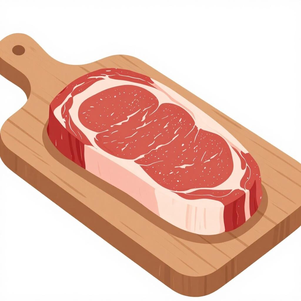 Ein rohes, marmoriertes Rock-Steak, das auf einem Holzschneidebrett liegt.
