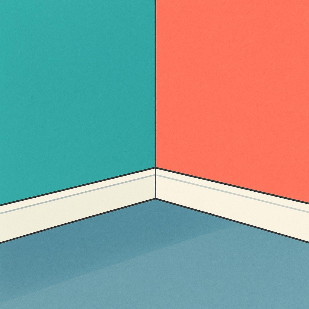 A high quality simple storybook illustration showing the interior corner where two brightly painted walls of a house meet, emphasizing the structural boundary.