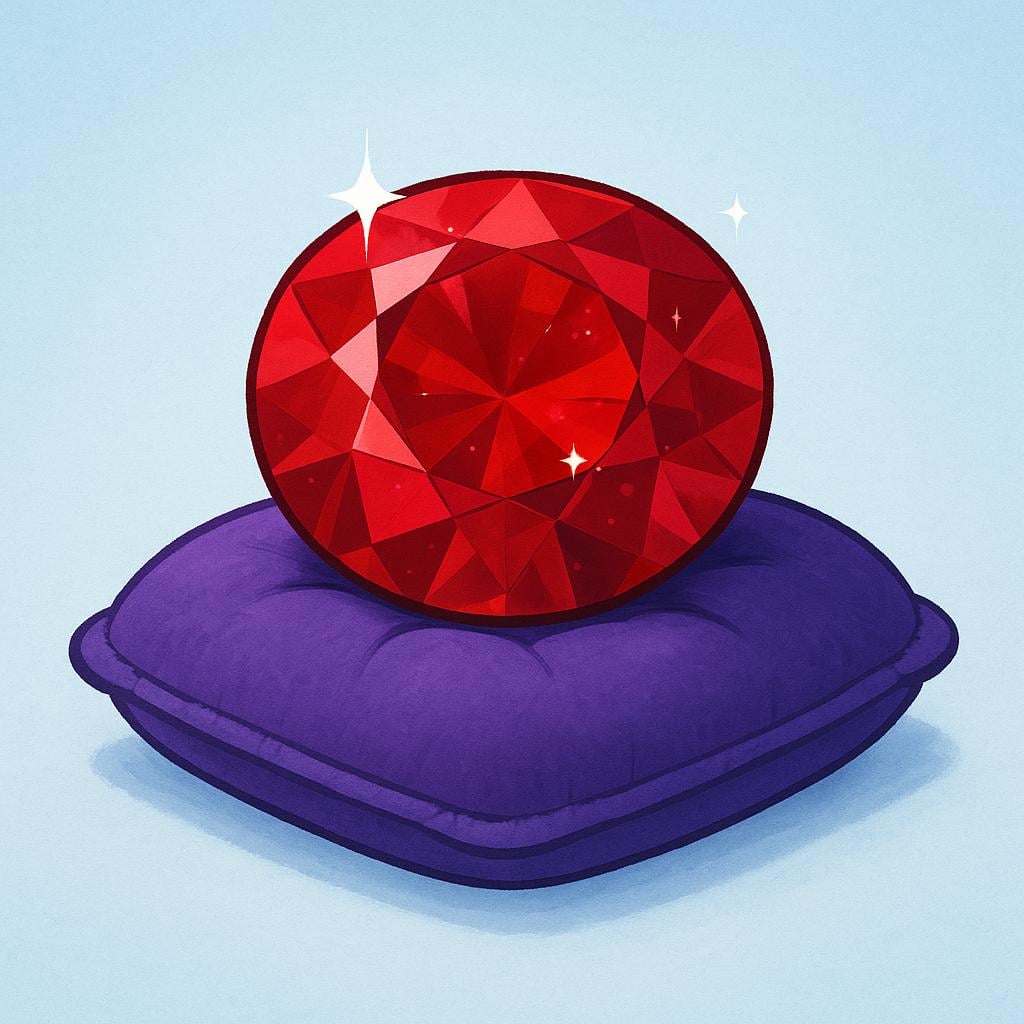 A large, perfectly cut, sparkling ruby gemstone resting on a velvet cushion.