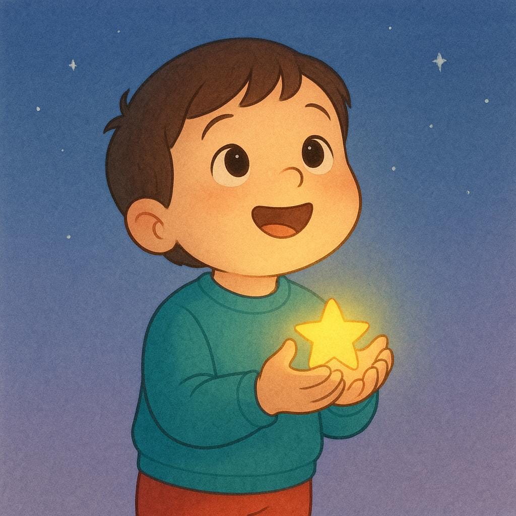 A happy, small child looking up with excitement while holding a tiny, brightly glowing yellow star in their hands, symbolizing future potential.