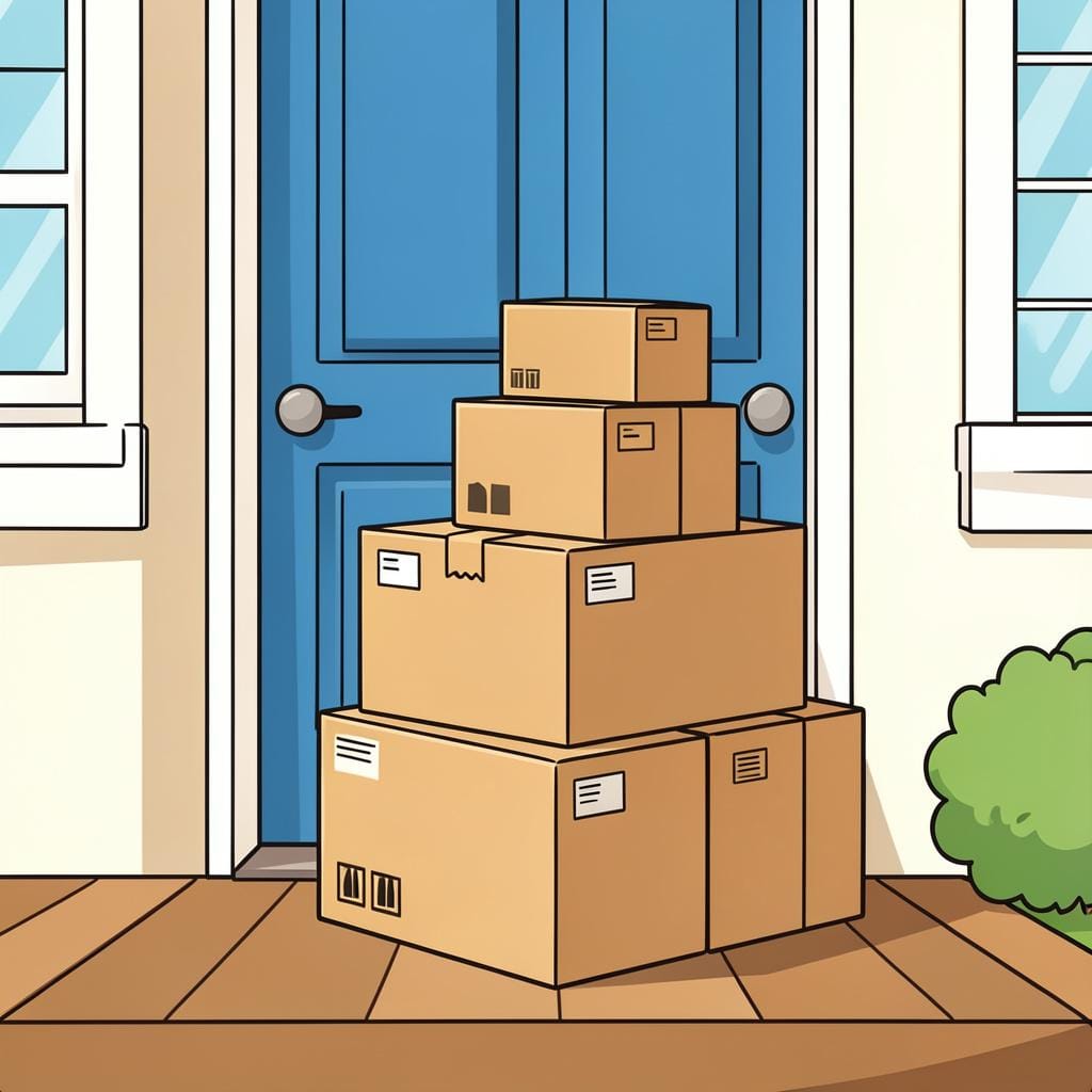 Ein Stapel bunter Pappkartons mit Schleifen auf einer hölzernen Türschwelle.